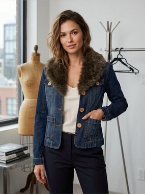 114. Y2k jacob connexion Denim Jacket with Faux Fur Collar - Dark Blue
